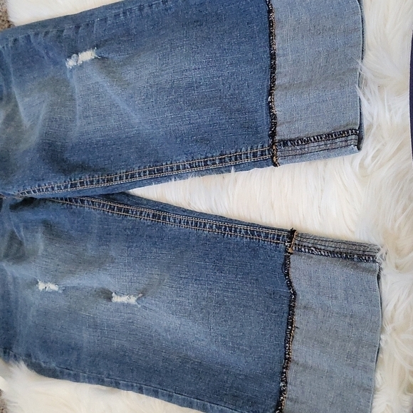 Cato medium wash factory distressed wide faux cuff denim capris - Picture 11 of 15